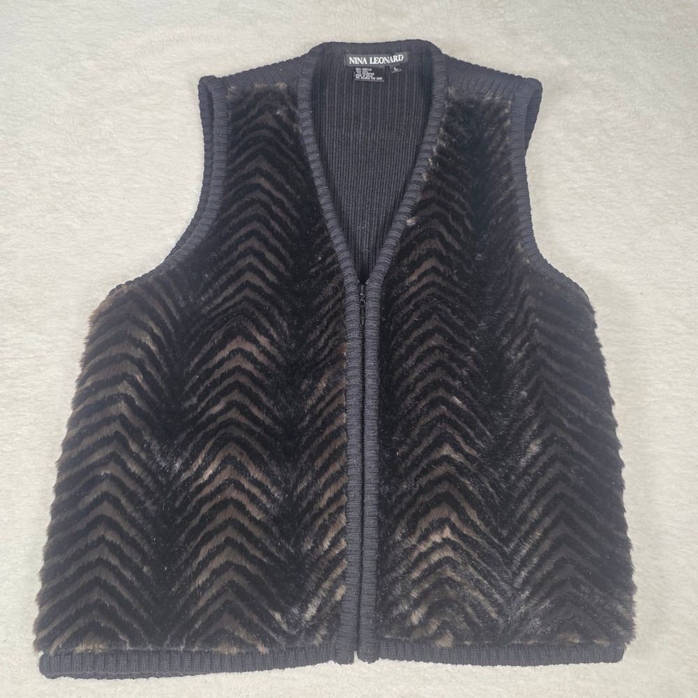 Nina Leonard Faux Fur Vest Womens‎ Large Black Brown Zip Front Chevron N2443